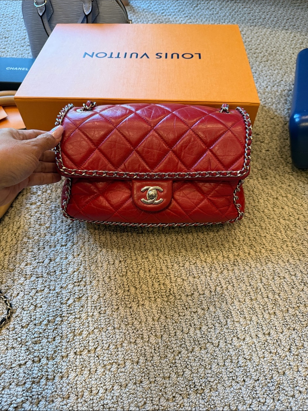 CHANEL Red Quilted Lambskin Shoulder Bag with Chain